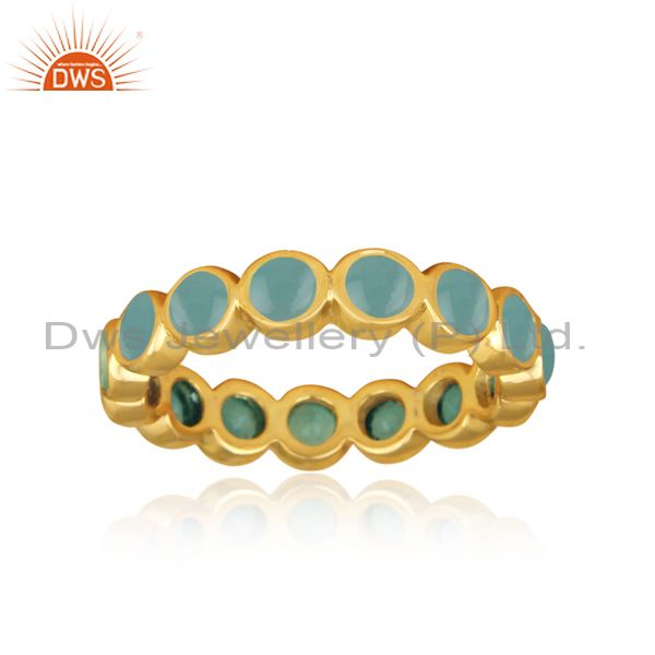 Designer Aqua Chalcedony Gemstone Gold Plated 925 Silver Band Ring