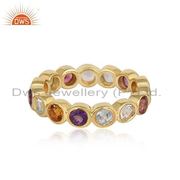 Natural Multi Gemstone Solid 925 Silver Gold Plated Wedding Band Rings