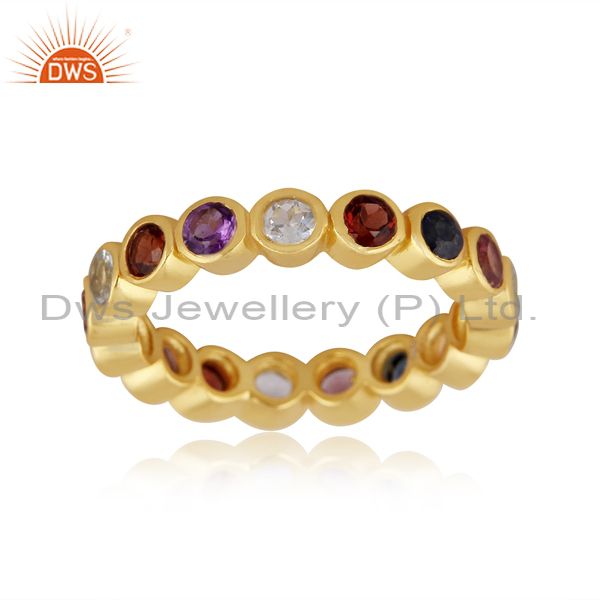 Multi Color Stone Yellow Gold Plated Silver Band Ring Jewelry