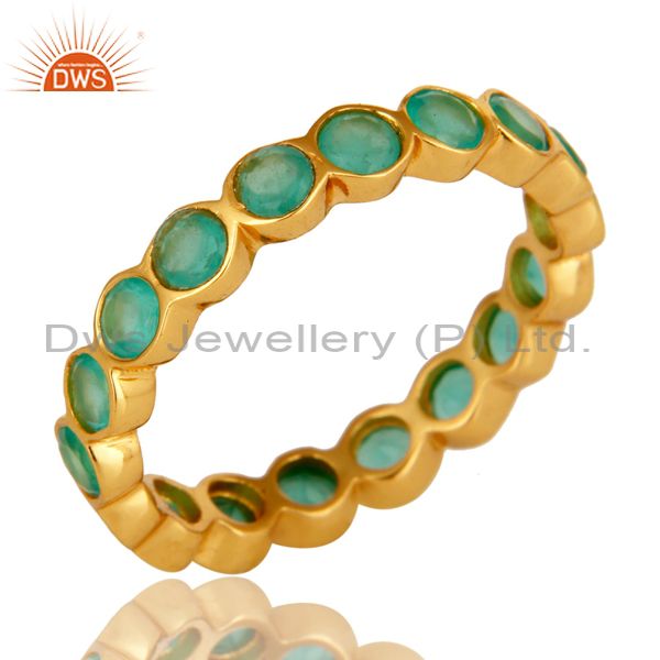 14K Yellow Gold Plated Sterling Silver Aqua Green Chalcedony Round Eternity Ring