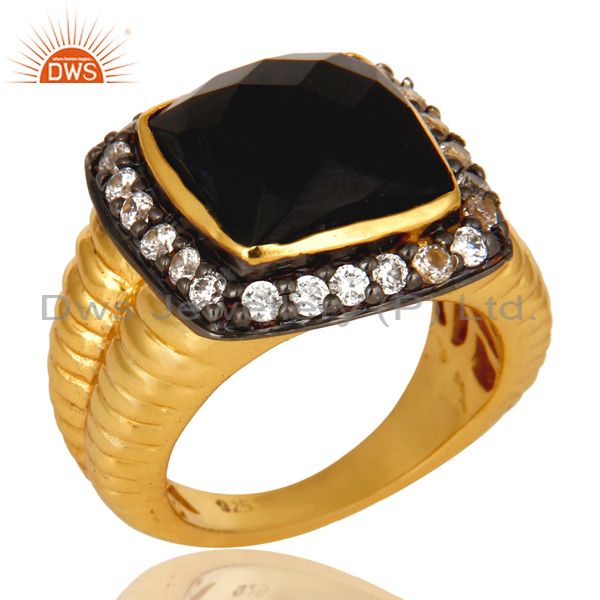 Shiny 14K Yellow Gold Plated Sterling Silver Black Onyx And CZ Cocktail Ring
