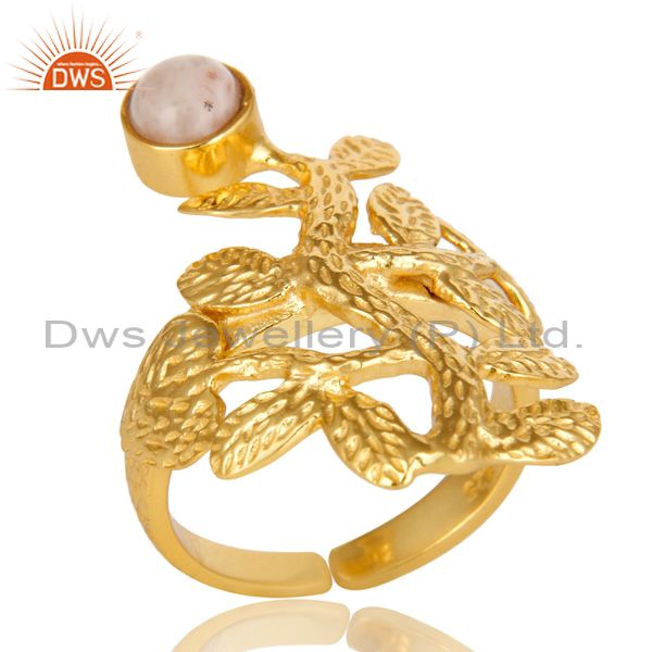 14K Yellow Gold Plated Sterling Silver Pink Opal Textured Floral Designer Ring