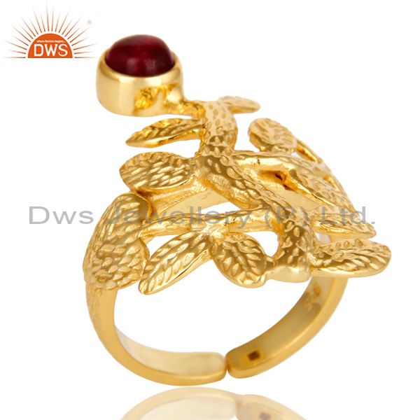 14K Yellow Gold Plated Sterling Silver Ruby Textured Floral Designer Ring