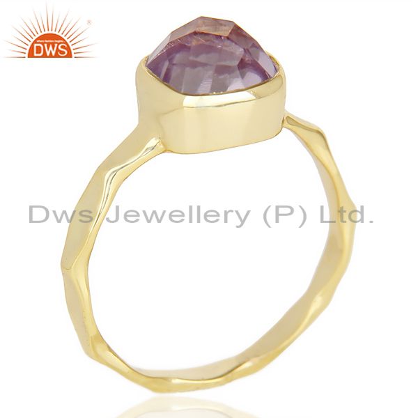 Natural Amethyst Cushion Shape Studded Gold Plated Hammered Silver Ring