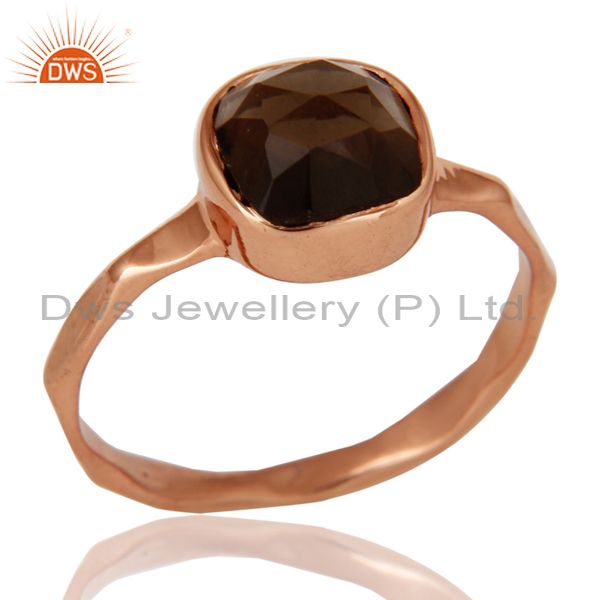 Rose Gold Plated Rose Cut Smokey Quartz Sterling Silver Stackable Ring