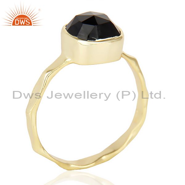 Black Onyx Cushion Shape Studded Gold Plated Hammered Ring  In Solid Silver