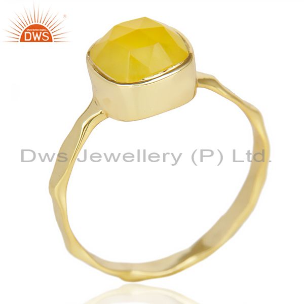 Yellow Chalcedony Cushion Shape Gold Plated Hammered Ring  In Solid Silver