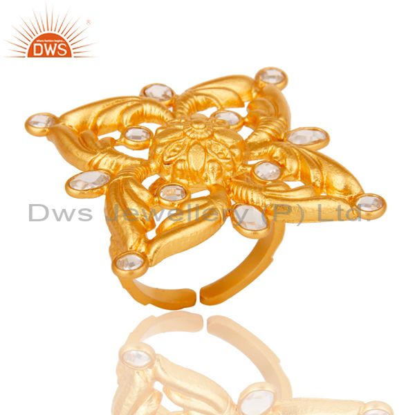 18k Gold Plated Sterling Silver Flower Design Ring with White Zircon