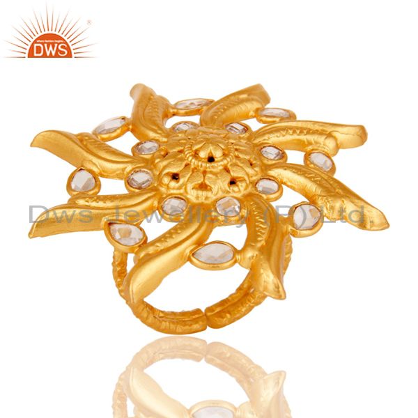 18k Yellow Gold Plated Sterling Silver Flower Design Ring with White Zircon