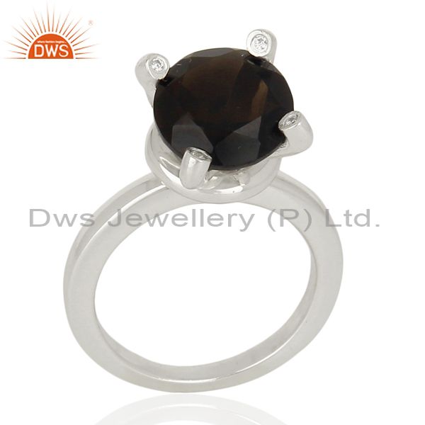Smoky Quartz And CZ Stackable 925 Sterling Silver Prong Set Ring Jewelry
