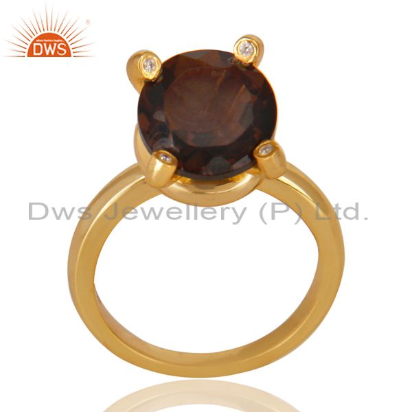 14K Yellow Gold Plated 925 Sterling Silver Smokey Topaz & CZ Prong Set Ring