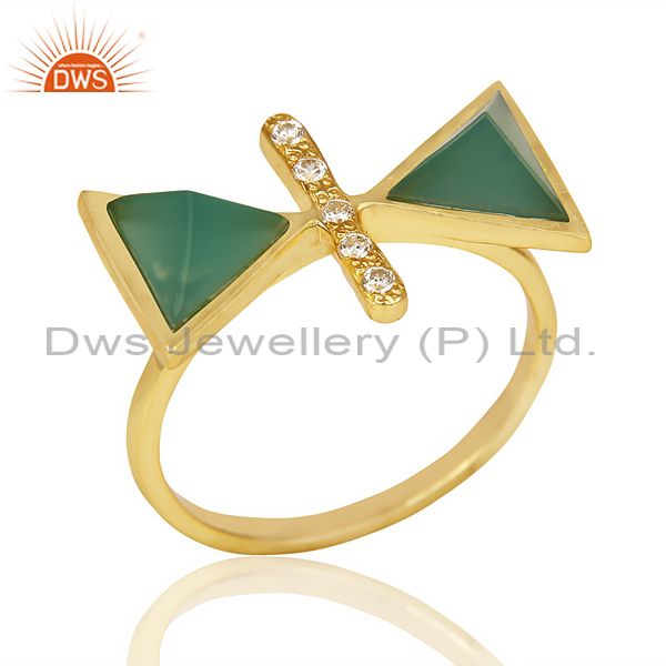 Green Onyx Triangle Cut Pyramid Cz Studded 14 K Gold Plated  Silver Ring