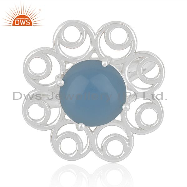 Fine sterling silver floral design blue chalcedony gemstone ring wholesale