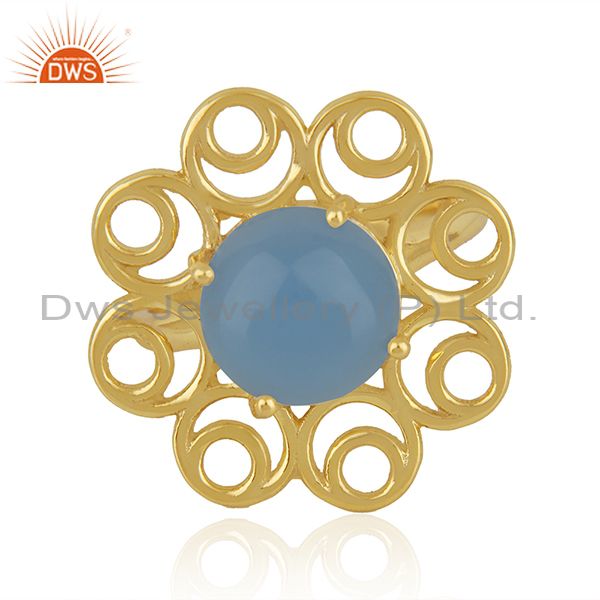 Blue chalcedony gemstone gold plated silver floral design ring manufacturer