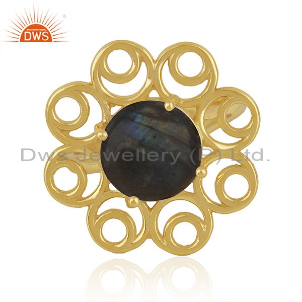 Labradorite gemstone gold plated 925 silver floral design ring wholesale