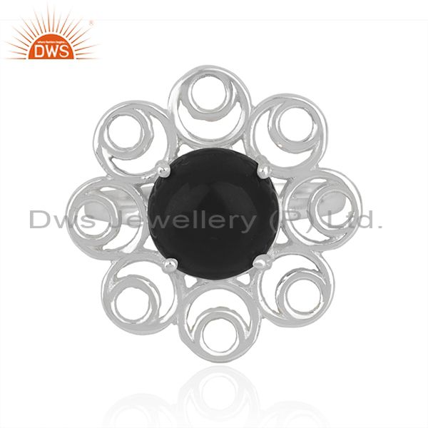 Black onyx gemstone sterling fine silver floral design ring manufacturer india