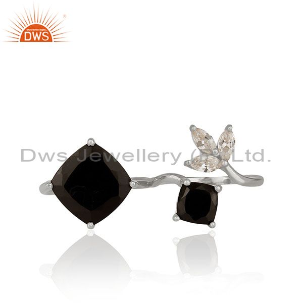 Zircon and Black Onyx Gemstone Fine Sterling Silver Double Finger Ring Wholesale
