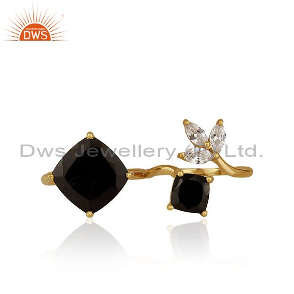 Black Onyx and Zircon Gemstone 925 Silver Double Finger Ring Manufacturers