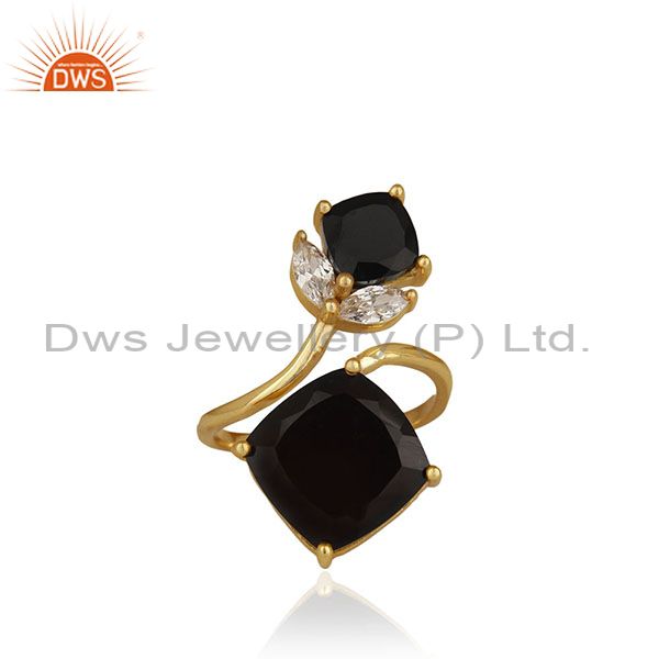 14k Gold Plated 925 Silver Black Onyx and Zircon Gemstone Double Finger Rings