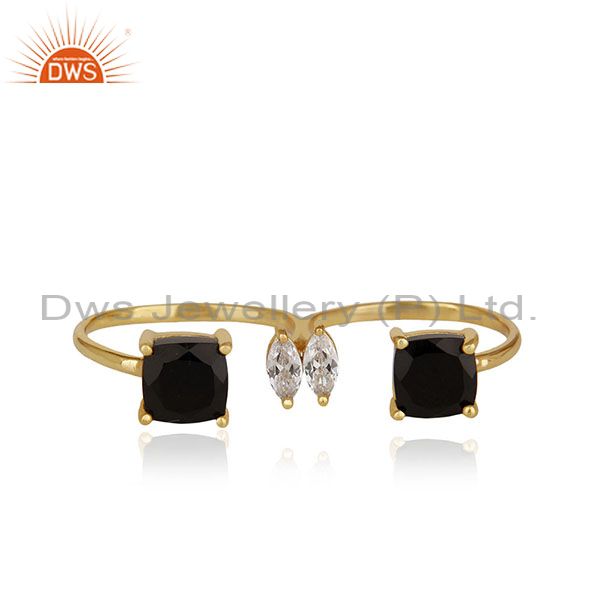 Black Onyx Gemstone Double Finger Gold Plated 925 Silver Ring Jewelry
