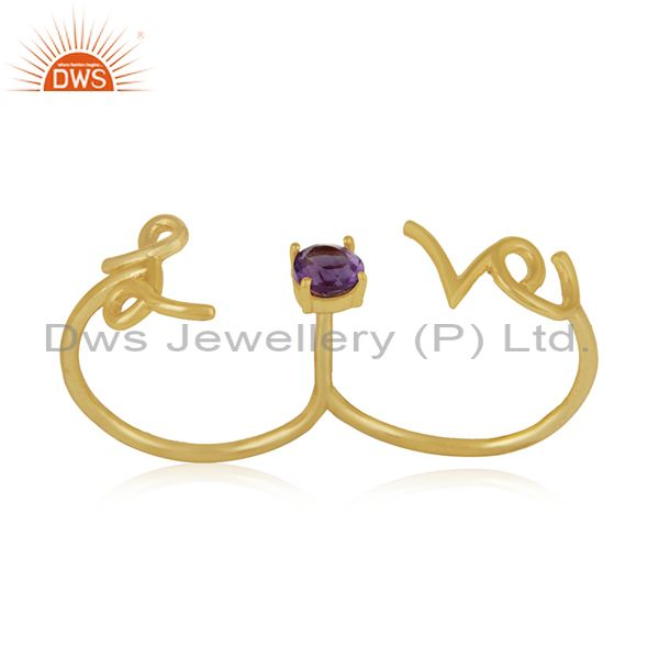 Amethyst Gemstone 925 Silver Love Initial Gold Plated Double Finger Ring