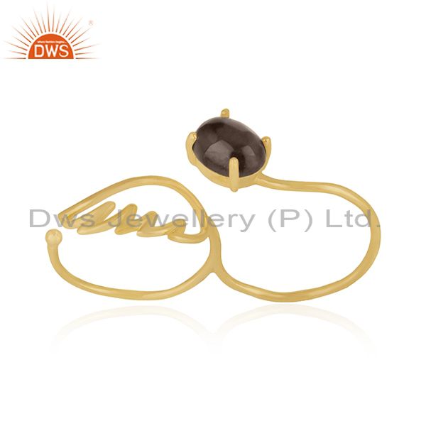 Angel Wing 925 Silver Gold Plated Smoky Quartz Double Finger Ring Wholesale