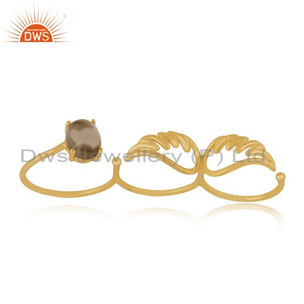 Gold Plated Angel Wing 925 Silver Smoky Quartz Gemstone Three Finger Ring