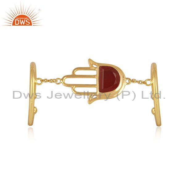 Hamsa hand designer yellow gold on silver 925 ring with red onyx