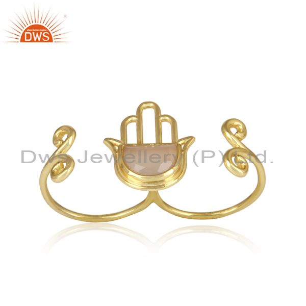 Gold On 925 Silver Rose Chalcedony Coin Hamsa Hand Ring