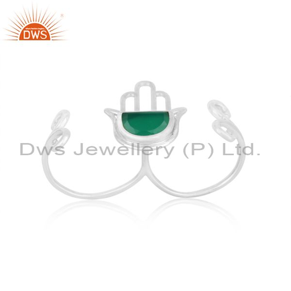 Designer hamsa hand lucky charm sterling silver green onyx ring