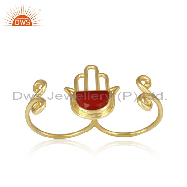 Gold Plated 925 Silver Red Onyx Coin Set Hamsa Hand Ring