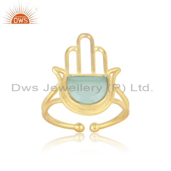 Gold On 925 Silver Hamsa Hand Aqua Chalcedony Designer Ring