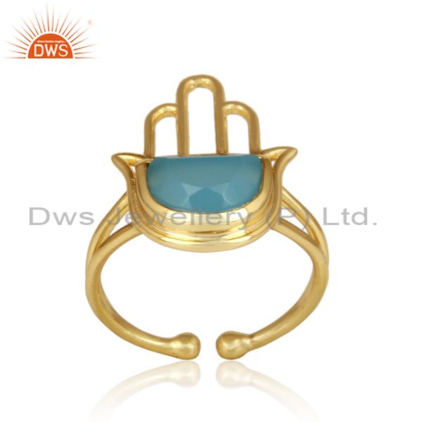 Blue Chalcedony Coin Gold Plated Sterling Silver Hamsa Ring