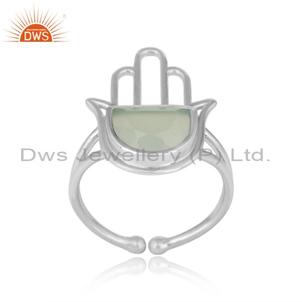 925 Silver Hamsa Hand Prehnite Chalcedony Designer Ring