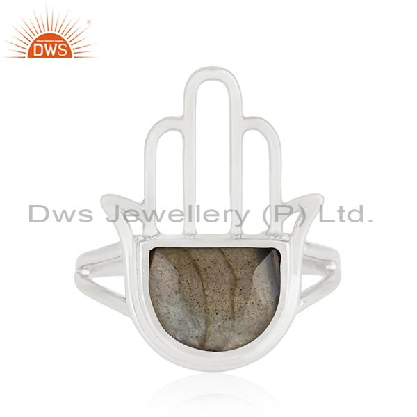 92.5 Sterling Silver Lucky Hamsa Hand Charm Labradorite Ring Manufacturer