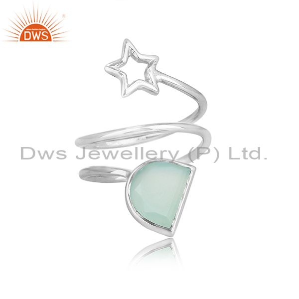 Sterling fine silver star design aqua chalcedony gemstone rings