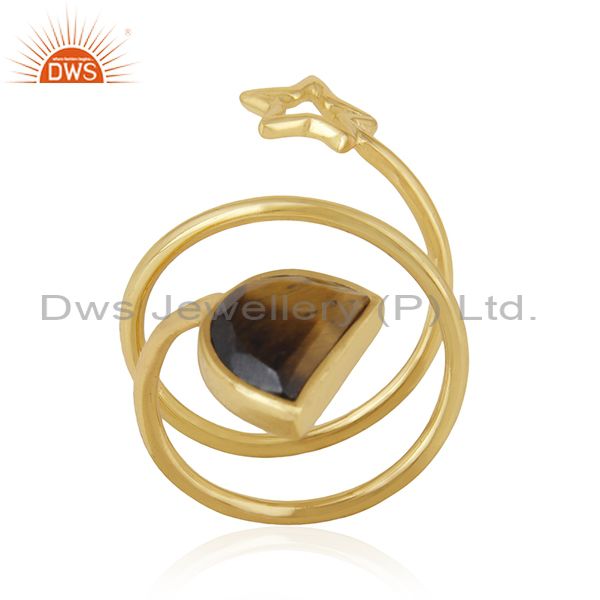 Star Charm Gold Plated 925 Silver Tiger Eye Gemstone Ring Wholesale