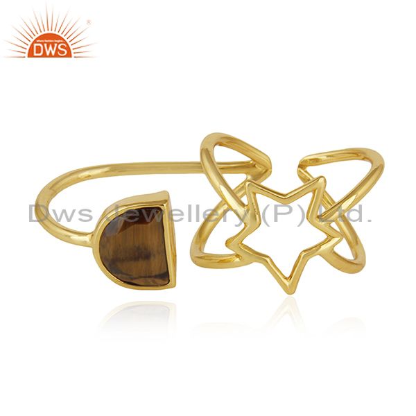 Gold Plated 925 Silver Tiger Eye Gemstone Star Charm Lucky Ring Wholesale
