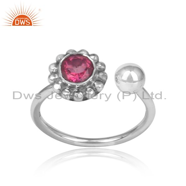 Pink Topaz Set Oxidized 925 Silver Floral Boho Facing Ring