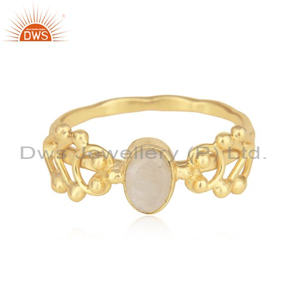 Natural rainbow moonstone dainty ring in yellow gold on silver 925