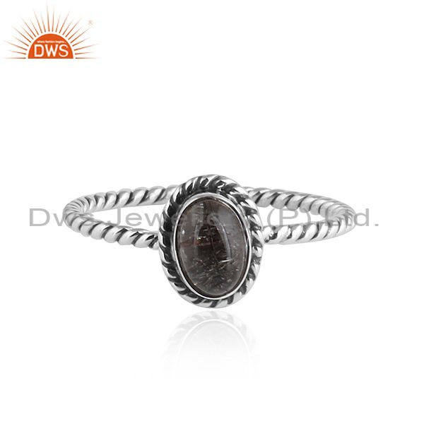 Oxidized Twisted Silver Black Rutile Gemstone Stackable Rings