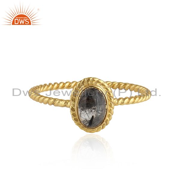 Black Rutile Gemstone Twisted Silver Gold Plated Stackable Rings