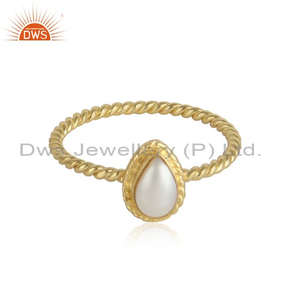 Pear shape pearl gemstone twisted 18k gold plated silver rings