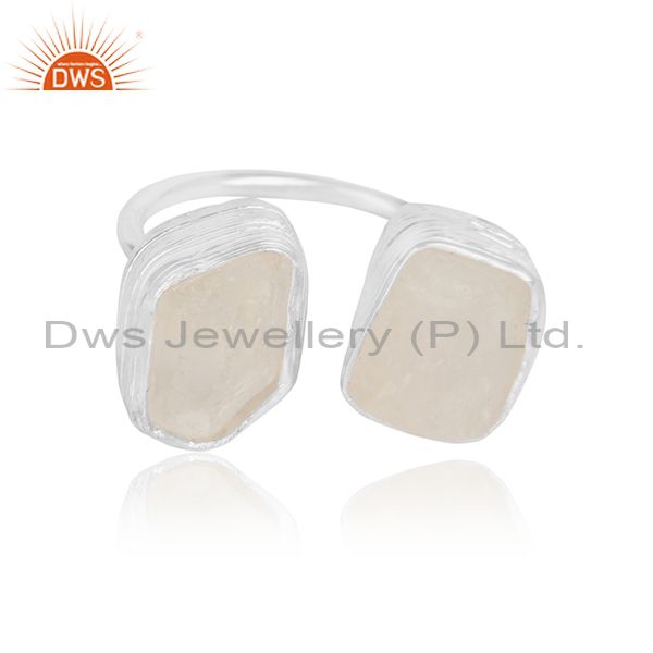 Upshape rough crystal quartz gemstone designer fine silver rings