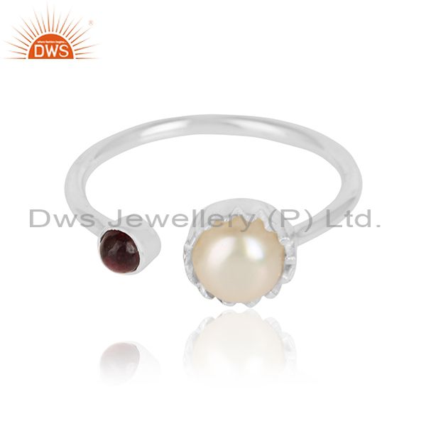 Natural garnet pearl gemstone designer womens silver ring jewelry