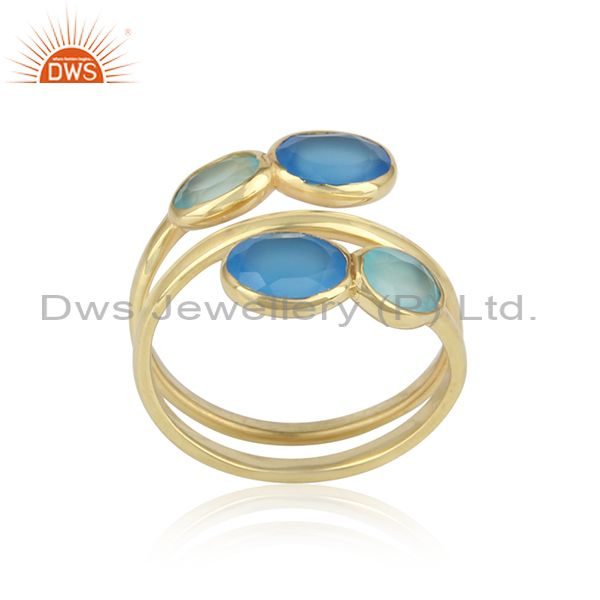 Handmade yellow gold on silver 925 ring with aqua, blue chalcedony