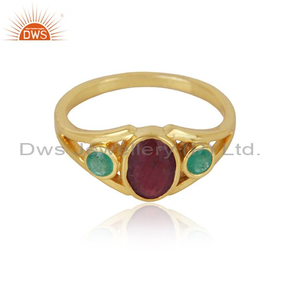 Trendy design 3 stone yellow gold on silver ring with emerald ruby