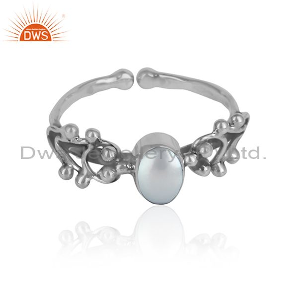 Handmade 925 sterling silver oxidized pearl gemstone girls rings