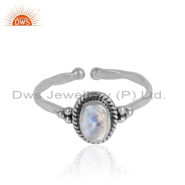 Rainbow moonstone designer sterling silver oxidized rings jewelry