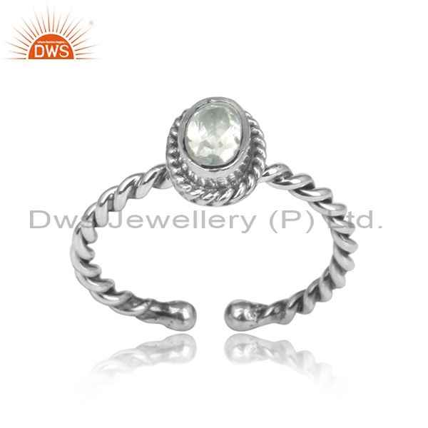 Wrapped Oval Green Amethyst Set Oxidized Silver Twisted Ring